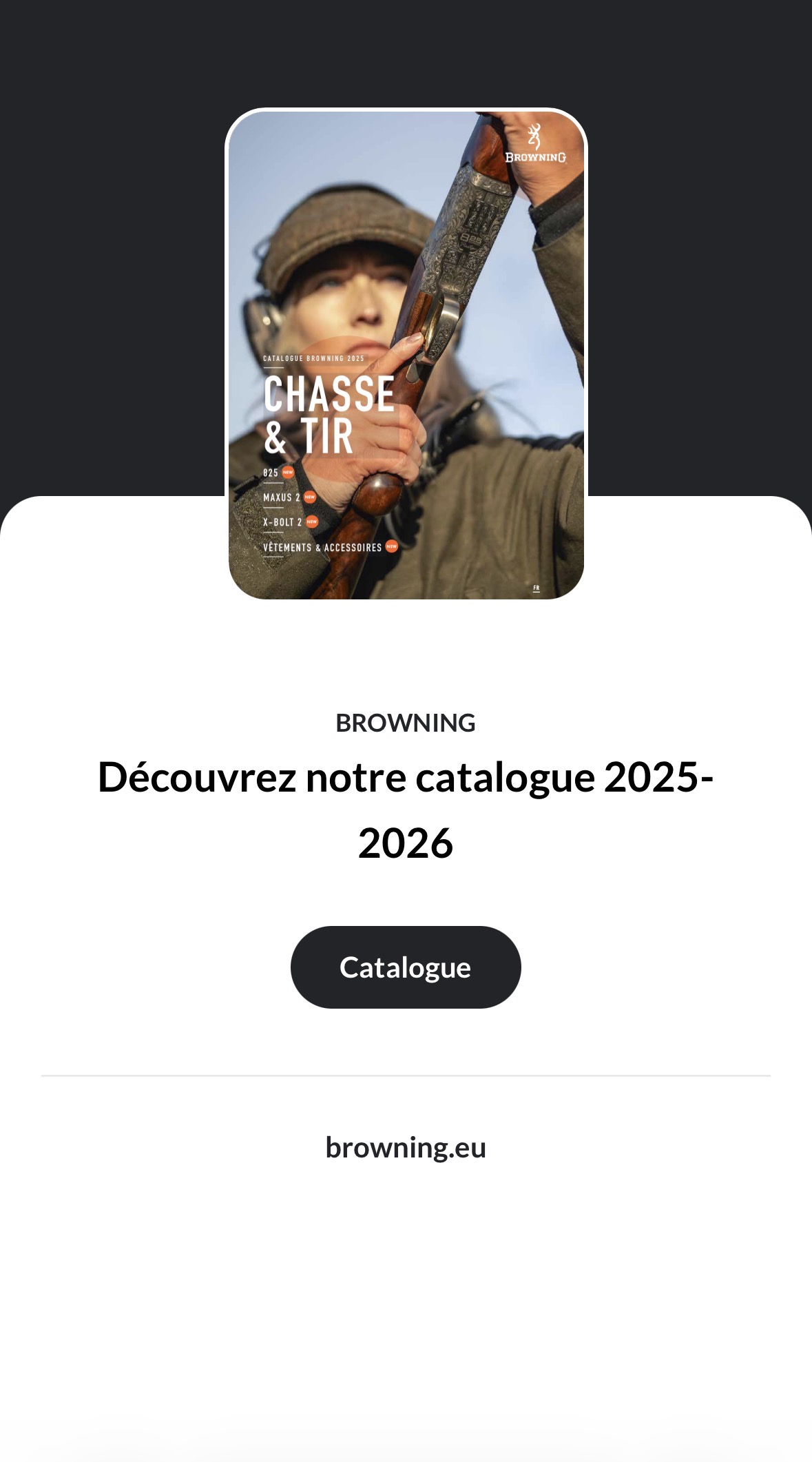 Catalogue Browning 2025-2026 affiché sur smartphone